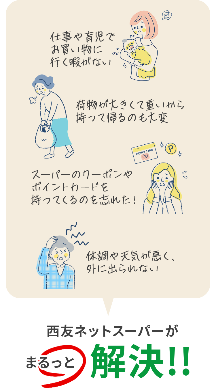 お店でお買い物をしているみなさまこんなことありませんか？体調や天気が悪く、外に出られない荷物が大きくて重いから持って帰るのも大変仕事や育児でお買い物に行く暇がないスーパーのクーポンやポイントカードを持ってくるのを忘れた！西友ネットスーパーがまるっと解決！！