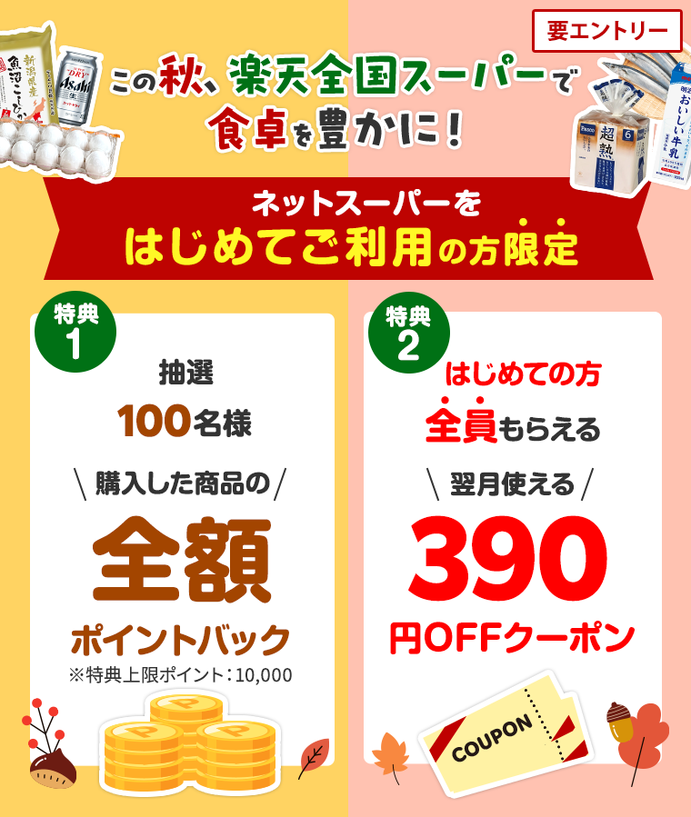 はじめてご利用の方限定！抽選で100名様に全額ポイントバック＆翌月使える390円OFFクーポンをはじめての方全員にプレゼント