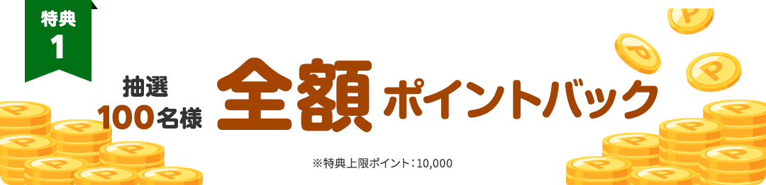 抽選100名様全額ポイントバック　特典上限ポイント；10000ポイント